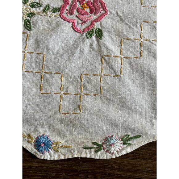 Antique Rainbow Floral Embroidery Table Runner 16" x 39" White Cotton AS IS - Picture 8 of 14